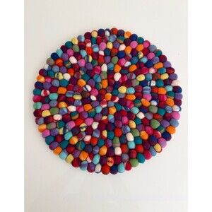 Handmade Pom Pom Wool Round Mat 15” Boho Decor Trivet Plant Yoga Meditation Rug
